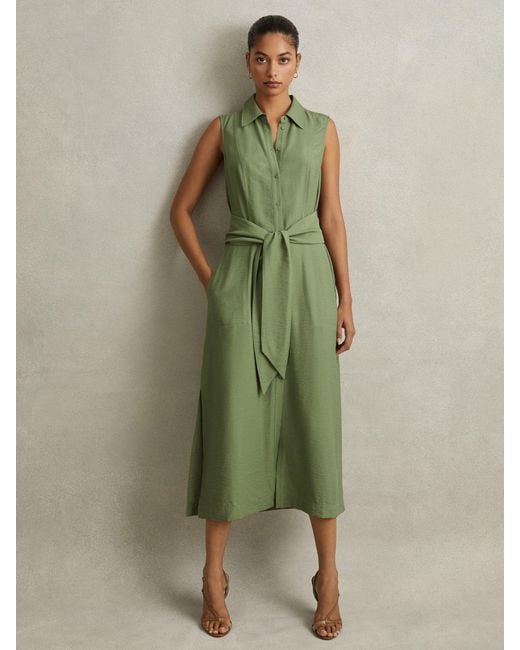 Reiss Morgan - Green Viscose Blend Belted Shirt Dress
