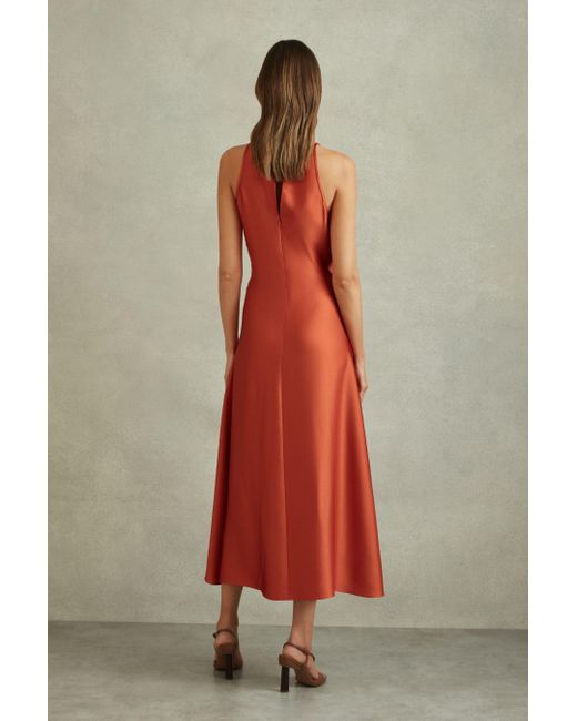 Reiss Multicolor Micah - Rust Satin Drape Tuck Midi Dress