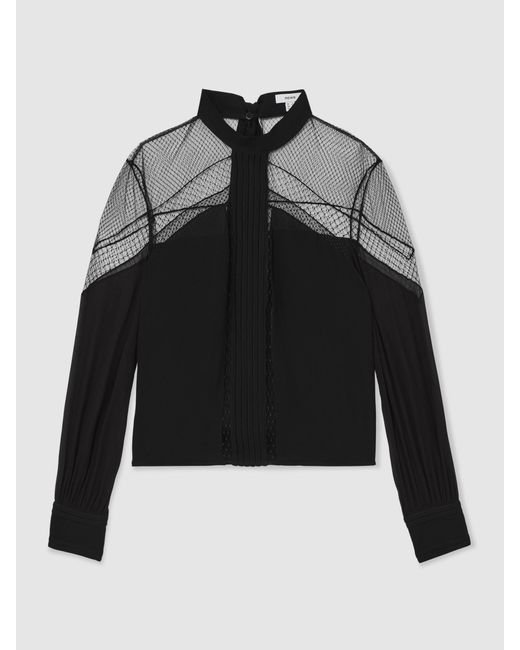 Reiss Marnie - Black Lace-insert Tie-back Blouse, Us 10