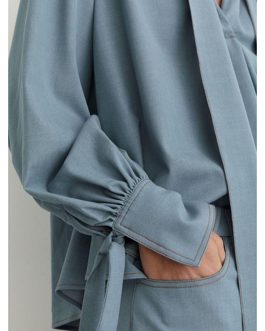 Reiss Blue Denim-Look Tie-Neck Blouse