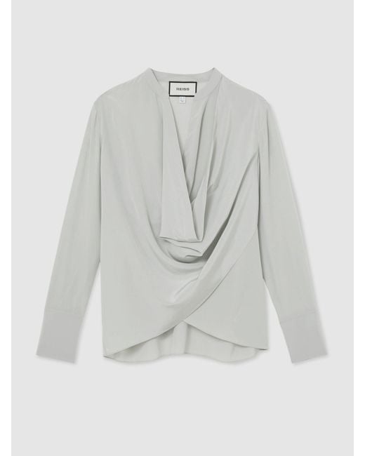 Reiss White Matte Silk Draped Shirt