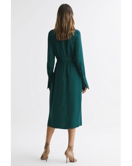 Reiss Phoenix - Green Pleated Long Sleeve Midi Dress