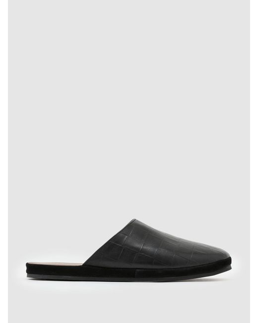 Reiss Black Leather Checkerboard-Embossed Mules for men