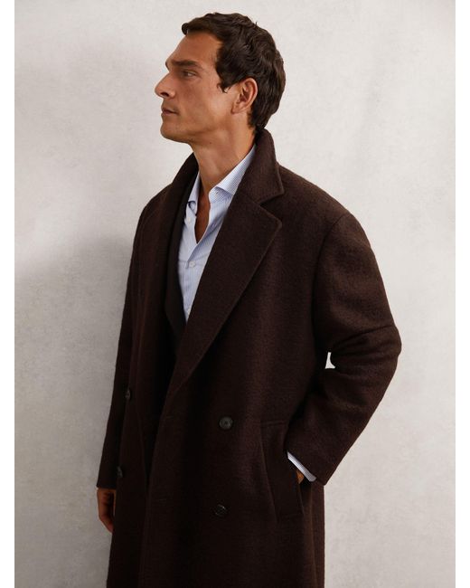 Reiss Black Bouclé Double-Breasted Overcoat Wool-Blend for men