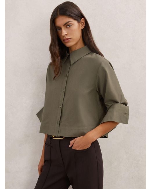 Reiss Brown Caylan - Khaki Green Cotton And Wool Cropped Shirt, Us 12