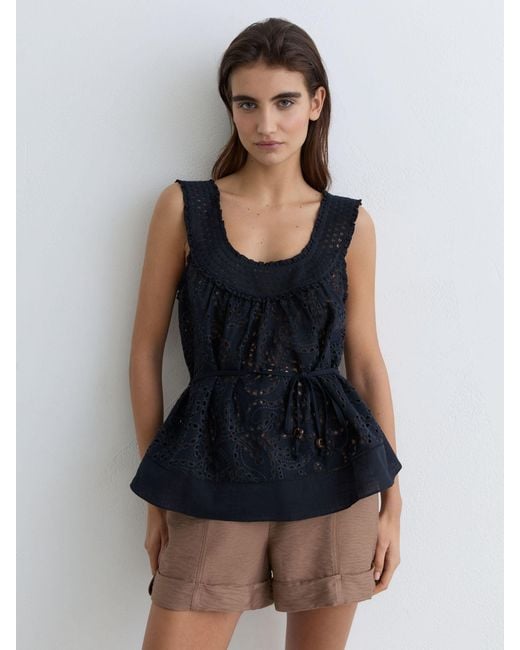 Reiss Black Larna - Navy Cotton Broderie Anglaise Cami Top, Us 12