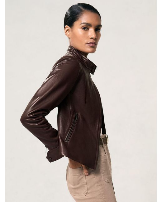 Reiss Brown Fitted Leather Biker Jacket