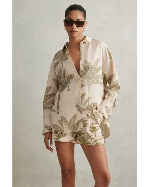 Reiss Brown Oskia - Neutral Linen Tropical Print Shirt