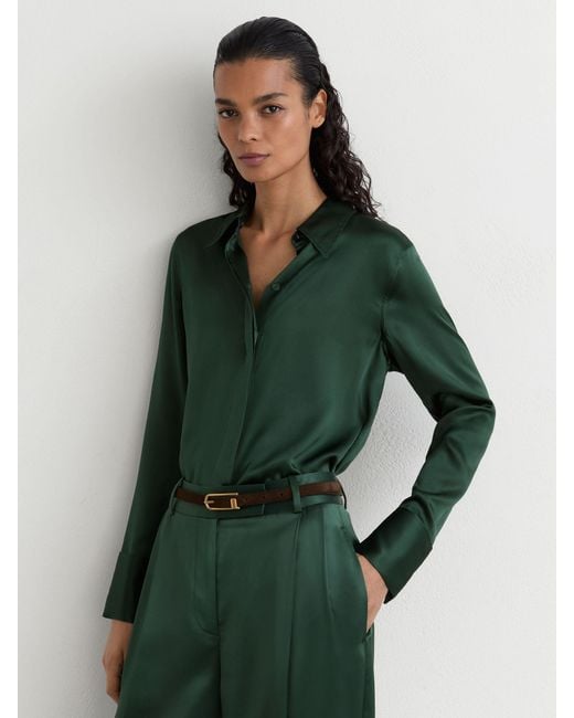 Reiss Green Silk-Satin Concealed-Placket Shirt