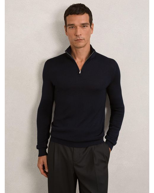 Reiss Black Merino Wool Half-Zip Funnel-Neck Jumper for men