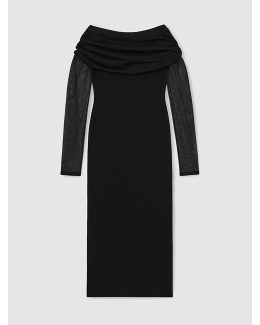 Reiss Black Sheer-Sleeve Knit Midi Dress