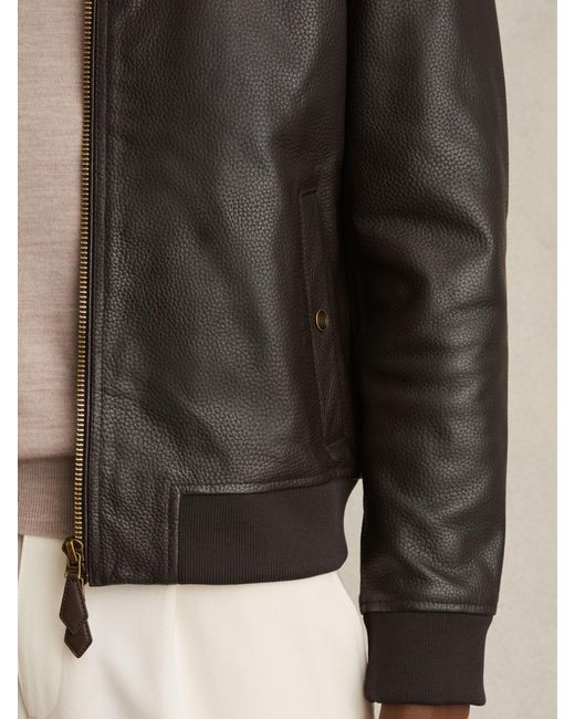 Reiss Brown Leather Bomber Jacket for men