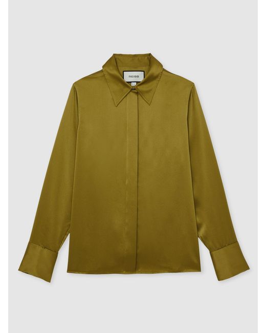 Reiss Green Silk-Satin Concealed-Placket Shirt