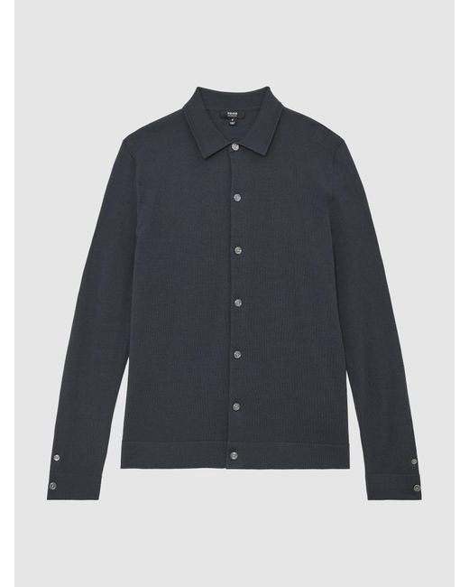 Reiss Blue Merino Wool Button-Through Cardigan for men