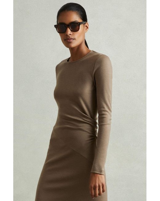 Reiss Natural Petite Wool Ruche Detail Midi Dress
