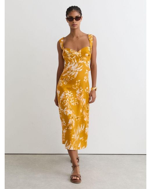 Reiss Metallic Addison - Yellow Linen Floral-print Midi Dress, Us 10