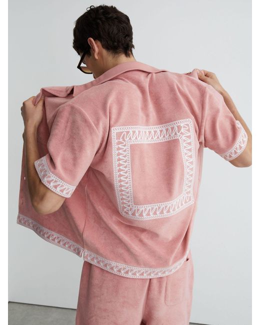 Reiss Bleeker - Soft Pink Cotton-blend Towelling Embroidered Shirt, Xs for men