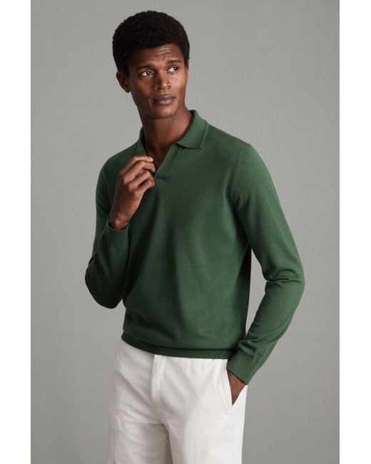 Reiss Milburn - Hunting Green Merino Wool Open Collar Polo Shirt for men