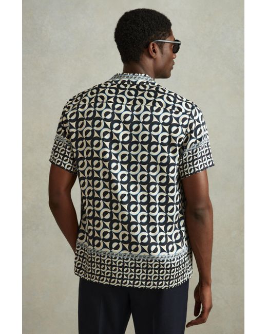 Reiss Black Prentice - Lapis Blue Geometric Print Cuban Collar Shirt, Xs for men