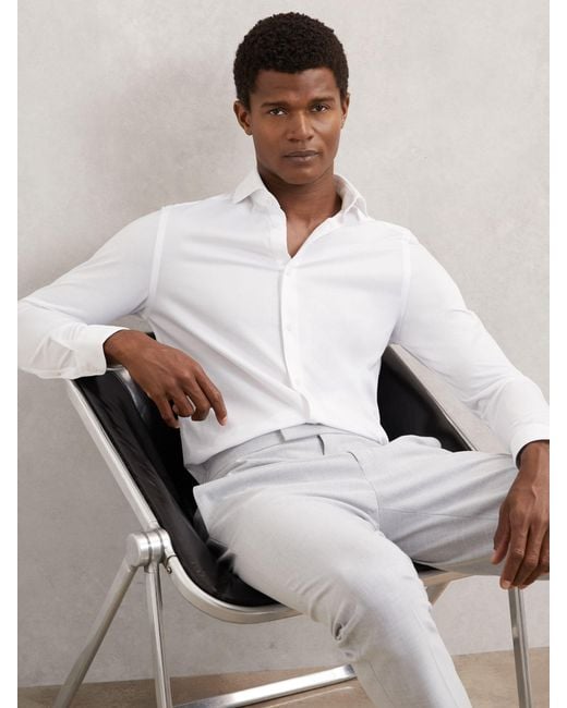 Reiss White Cotton-Blend Jersey Cutaway-Collar Shirt Slim-Fit for men