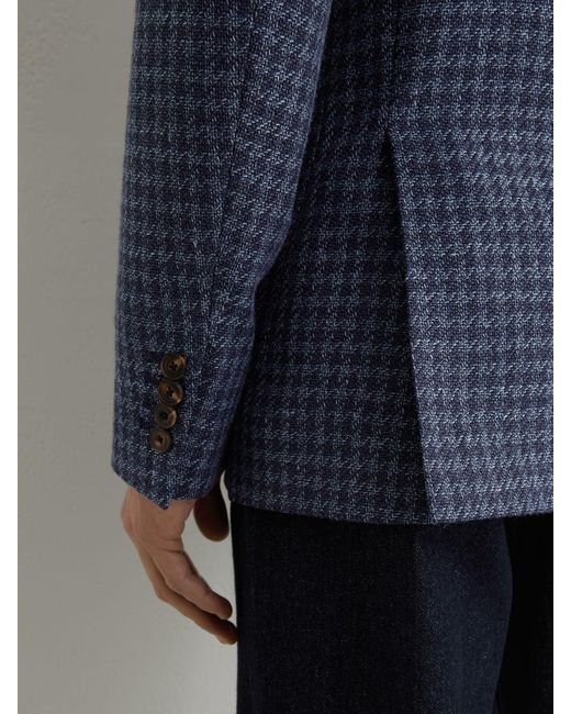 Reiss Blue Wool-Blend Single-Breasted Check Blazer With Linen for men