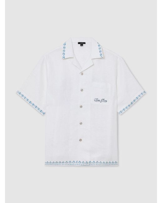 Reiss White Cotton-Linen Slogan-Print Shirt for men
