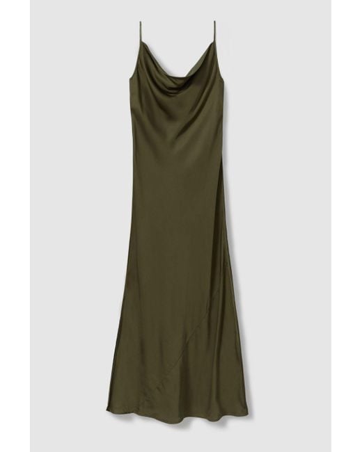Reiss Green Isabel - Khaki Satin Cowl Neck Midi Dress