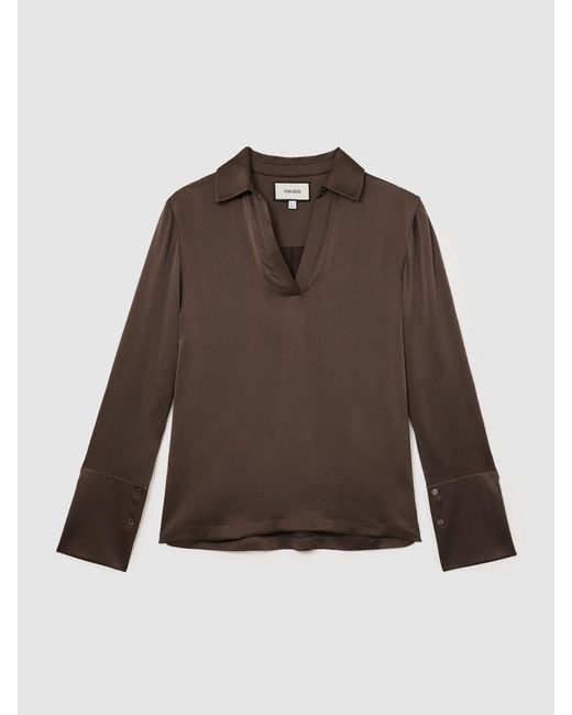 Reiss Brown Silk Open-Collar Blouse
