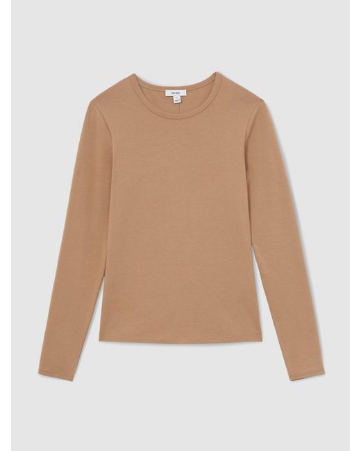 Reiss Brown Cotton Crew-Neck Long-Sleeve T-Shirt With Stretch