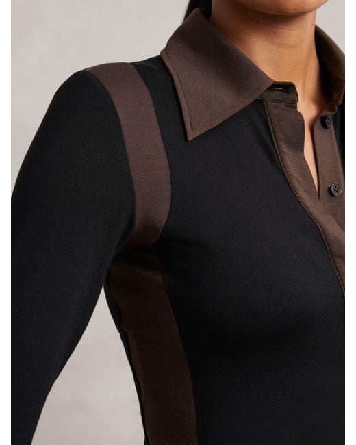 Reiss Black Chocolate Jersey Colour-Block Collared Shirt