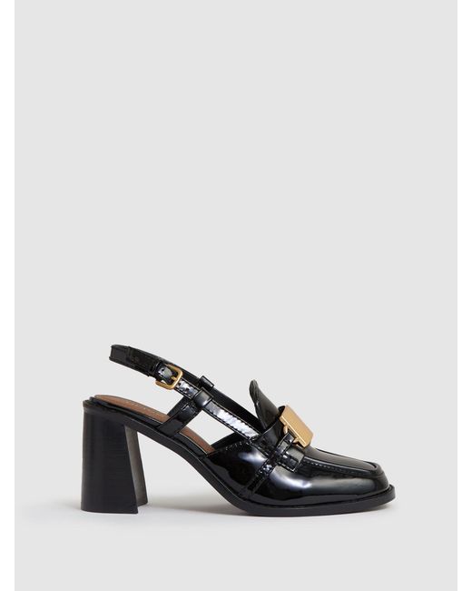 Reiss Black Patent Leather Slingback Heeled Loafers