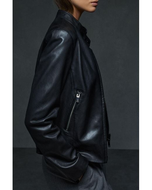 Reiss Black Leather Zip-Front Biker Jacket