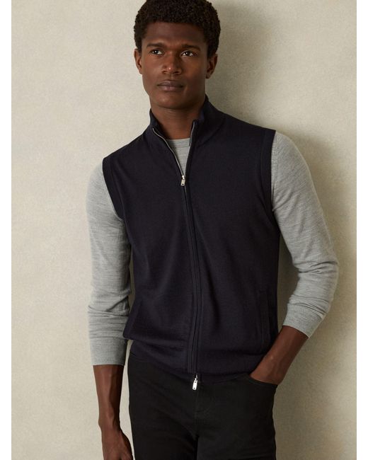 Reiss Black Leeds - Navy Merino Wool Zip-through Gilet, Xs for men