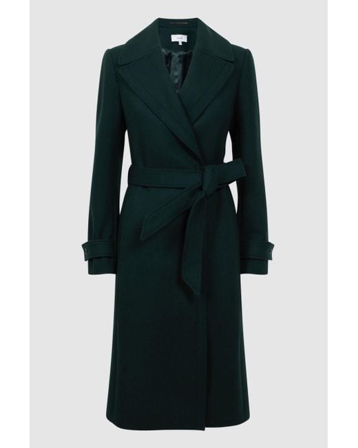 Reiss Blue Tor Relaxed Wool Single Breasted Belted Coat - Green Plain