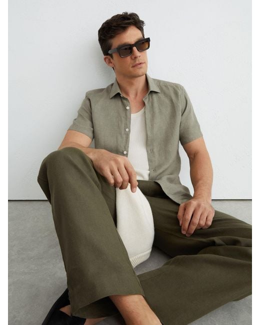 Reiss Green Slim Fit Linen Button-Through Shirt for men