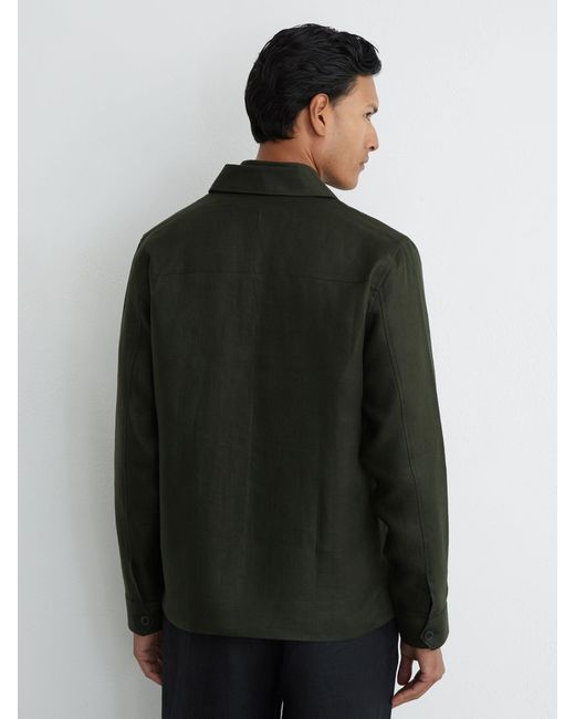Reiss Green Linen Herringbone-Stripe Regular-Fit Shirt for men