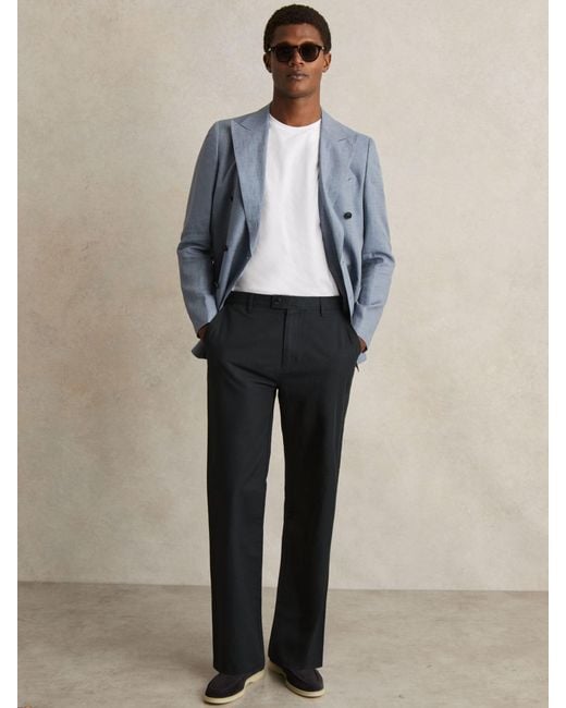 Reiss Blue Cotton-Linen Relaxed-Fit Trousers for men