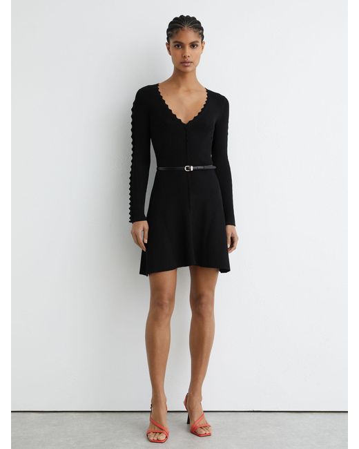 Reiss Black Scallop-Trim Knitted Mini Dress