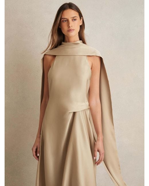 Reiss Natural Michelle - Champagne Neutral Satin Tuck-detail Cape Midi Dress, Us 10