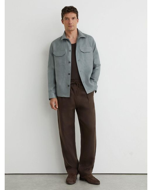 Reiss Blue Linen Herringbone-Stripe Regular-Fit Shirt for men