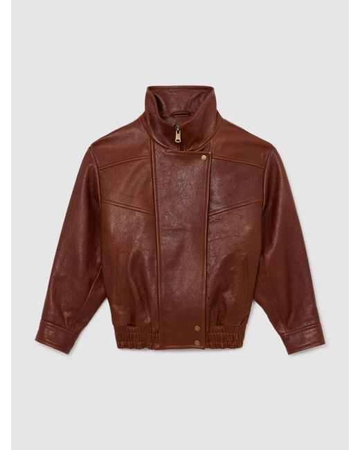 Reiss Brown Petite Textured Leather Oversized Jacket
