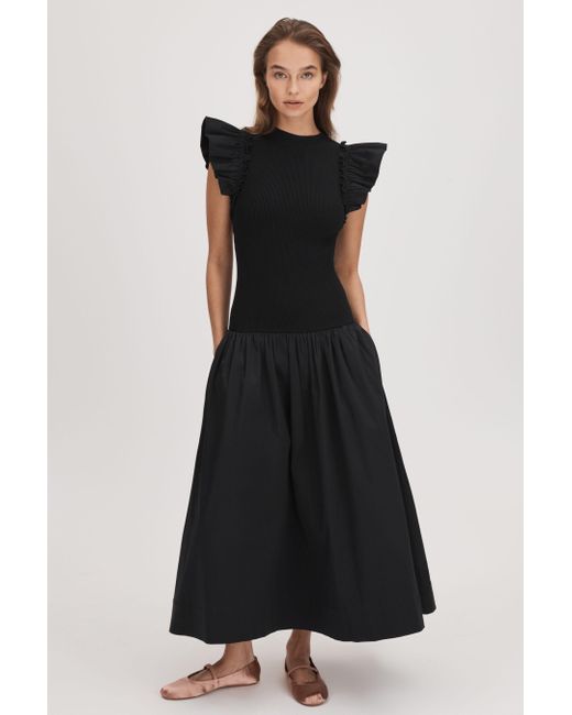 Florere Black Ruffle Sleeve Midi Dress