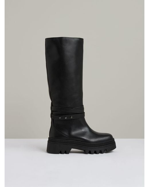 Reiss Albany - Black Leather Chunky Flat Knee-high Boots, Us 8 (uk 6)