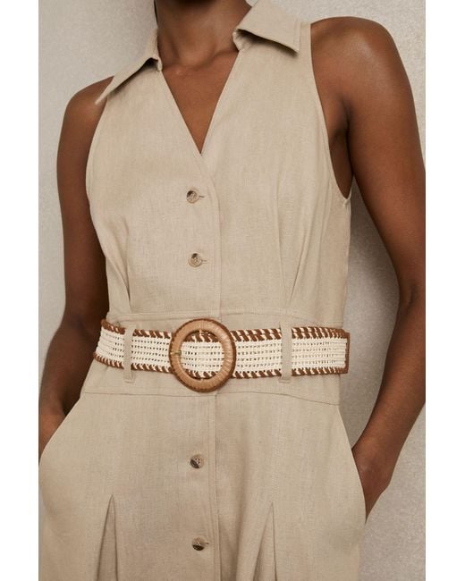 Reiss Natural Linen Belted Sleeveless Midi Dress