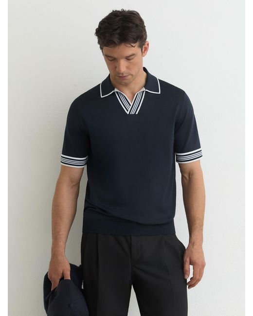 Reiss Blue Tipped Open-Collar Knitted Polo Shirt for men