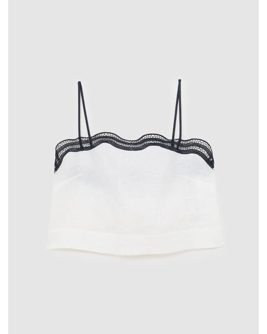 Reiss White Felicity - Ivory/navy Linen Scallop-trim Cami Top, Us 6