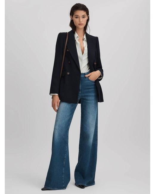 Reiss Blue Tailored Textured Wool Blend Double Breasted Blazer