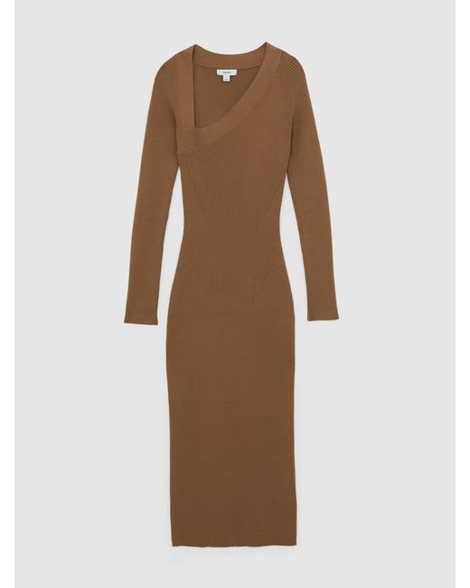 Reiss Brown Asymmetric-Neck Rib-Knit Midi Dress