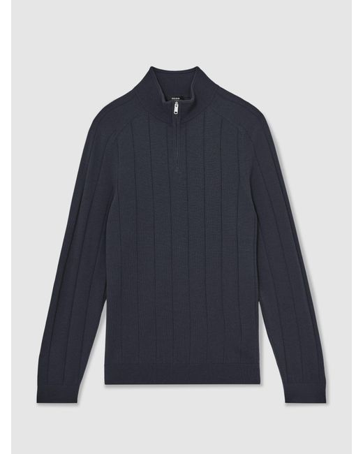 Reiss Blue Wool Wide-Rib Half-Zip Jumper for men
