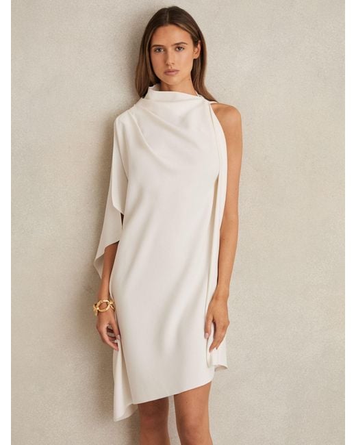 Reiss Natural Ellery - Ivory One Shoulder Draped Mini Dress, Us 6